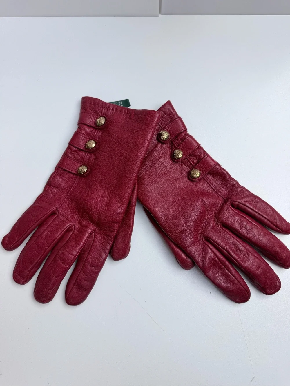 Lauren Ralph Lauren Vintage Red Leather Gloves Size Large Gold Button Details